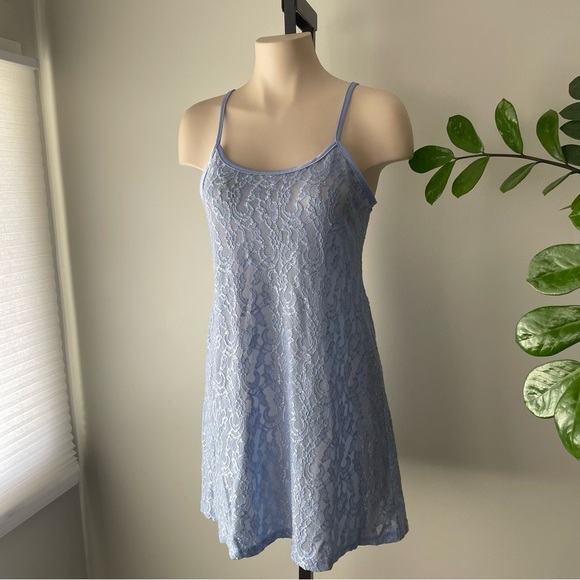 90s Vintage Gloria Vanderbilt Blue Lace Slip Dress Chemise Mini Length Medium - Picture 7 of 9